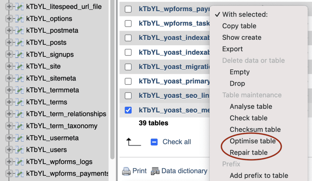 phpMyAdmin repair table or optimize table